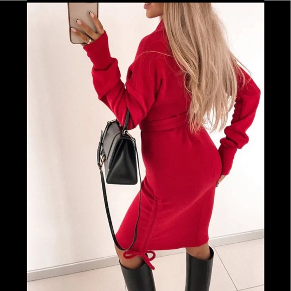 🎉Limited Offer Chic Casual Red Midi Turtleneck Ruched Dress - Picture 3 of 7